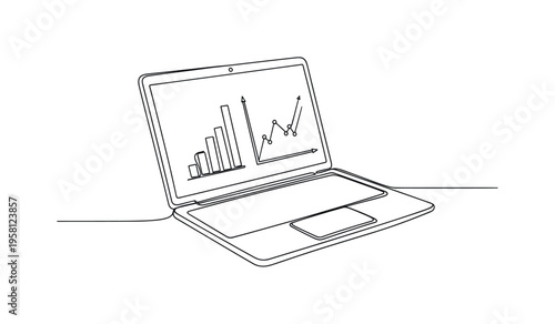 Laptop Data Dashboard. Minimalistic one-line drawing laptop showing bar chart and line graph on screen symbolizing analytics interface, continuous single black