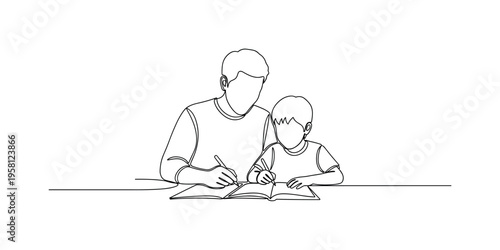 Helping Children with Homework. Minimalistic one-line drawing parent sitting beside a child at a desk helping with homework, continuous single black line on