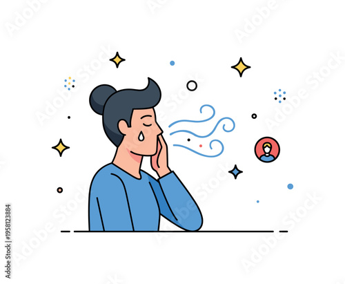 Relaxation breathing moment a person pausing during a stressful situation and taking slow deep breaths while gentle airflow lines and sparkle icons highlight