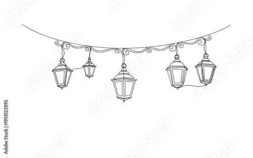 Evening Outdoor Lanterns. Minimalistic one-line drawing elegant lanterns suspended along a decorative hanging line, continuous single black line on white