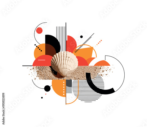 seashell on beach sand with geometric circles abstract shapes and lines, black and white single seashell resting on textured sand with layered collage cut-out