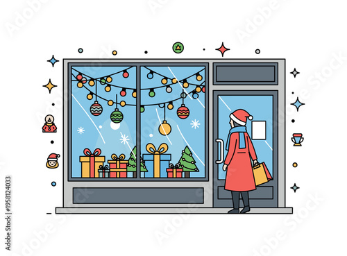 Holiday window shopping festive store window decorated with lights, gift boxes, and seasonal ornaments while a passerby pauses to admire the display. Small