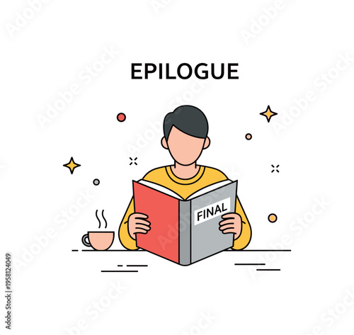 Epilogue depicted by a person reading the final chapter of a novel, small coffee cup nearby, symbolizing thoughtful conclusion and quiet contemplation.
