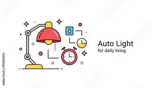 Automated home lighting lamp connected with small sensor and timer icons suggesting scheduled lighting routines. A subtle label Auto Light emphasizes smart