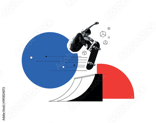 skateboarder executing a high backflip above an abstract ramp, black and white cut-out subject with white contour outline, bold blue circle and red semicircle
