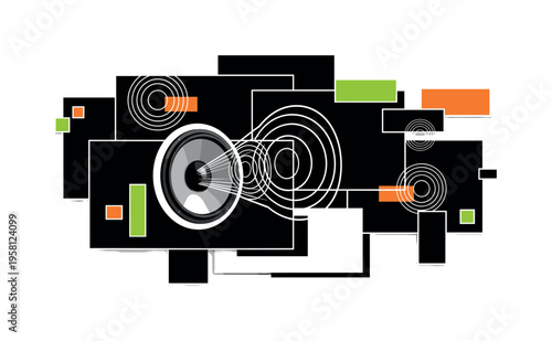 black-and-white speaker cone projecting expanding circular sound rings that bounce between abstract rectangles, lime green and orange accent shapes emphasizing