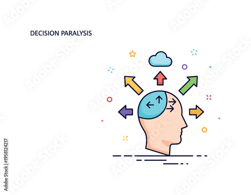 Decision paralysis moment shown through a simple head silhouette surrounded by several small arrows pointing in different directions with a tiny cloud above.