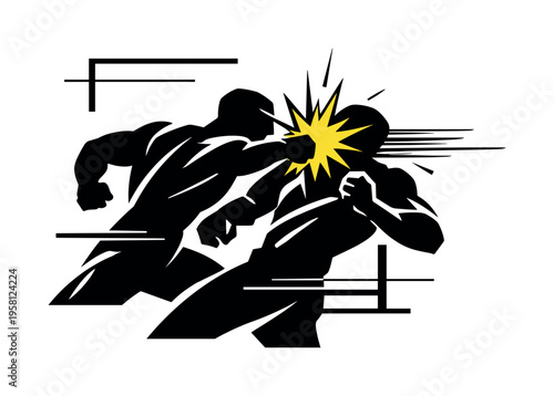 Comic fight scene silhouettes, overlapping black and white figures in combat, abstracted bodies reduced to bold shapes, yellow starburst icon representing