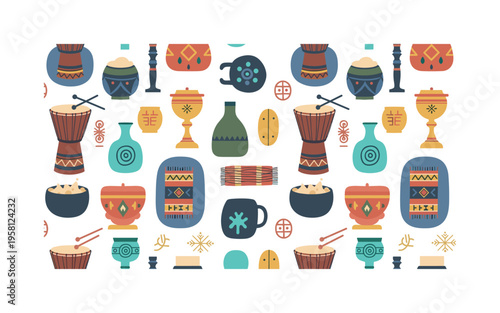 ritual artifacts and symbols seamless pattern, repeating pattern, surface design, textile print, modern illustration of drums, ceremonial vessels, woven
