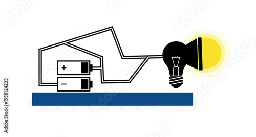 Conceptual illustration of electric circuit inside a flashlight, black-and-white wire lines forming geometric path between battery and bulb, bold yellow circle