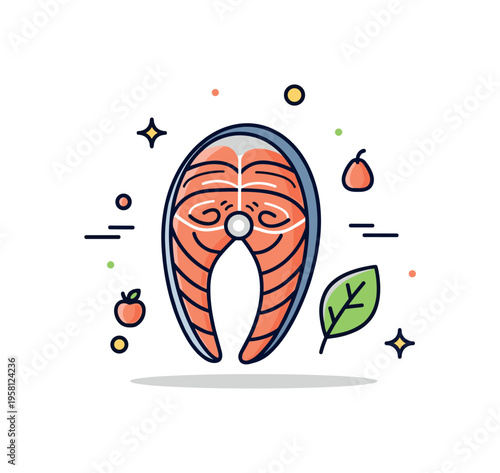 Healthy salmon fillet meal ingredient showing a single fish portion with a small leaf icon representing nutritious protein and balanced diet. The composition