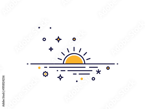 Morning light horizon concept featuring a rising sun above a flat horizon line with subtle star icons fading away from the night sky. The scene represents the