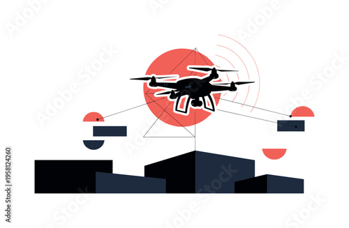black and white drone silhouette hovering above geometric platforms, cut-out collage with white contour outline around the drone, bold coral red circle behind