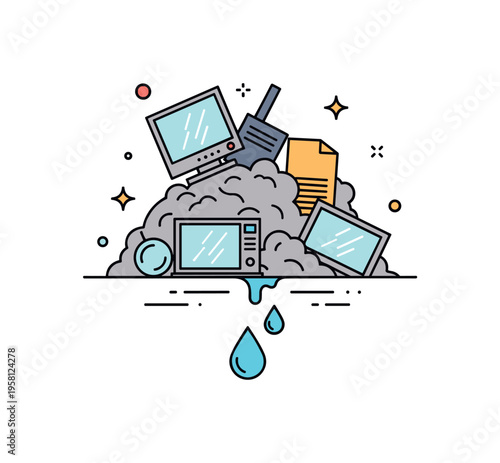 Toxic landfill contamination pile of outdated electronics resting on a simple ground line with a droplet icon seeping downward. A concise visual metaphor for