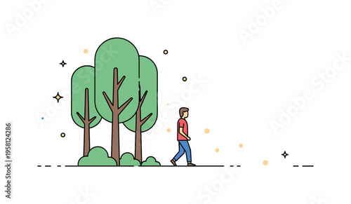 Solo walk in a sunny park peaceful person walking beneath tall trees while small patches of sunlight fall across the ground like gentle golden spots.