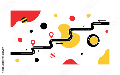 exploration route diagram with floating circles abstract shapes and lines, black and white travel path with arrows and destination markers with white outline