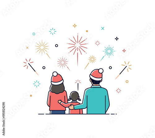 Family New Year's Eve fireworks parents and children watching colorful fireworks together while tiny stars and spark icons brighten the night sky. The scene