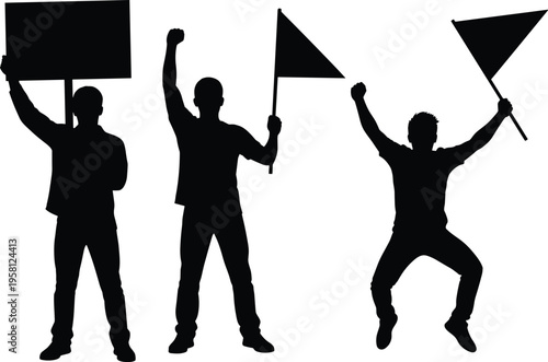 Protester silhouette set, people holding blank placard and flags, activists demonstrating with raised fists, jumping with joy vector illustration collection.