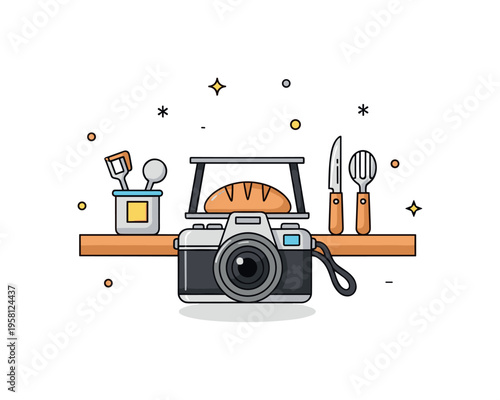 Finding beauty in the ordinary illustrated by a camera focusing on a small loaf of bread and kitchen utensils on a table. The warm composition celebrates