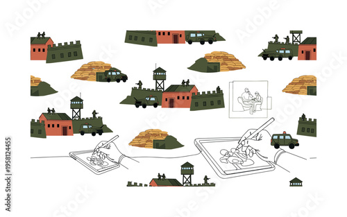 military compound with fortifications seamless pattern, defensive walls, sandbags, watchtowers, patrol vehicles and soldiers arranged in a repeating pattern,