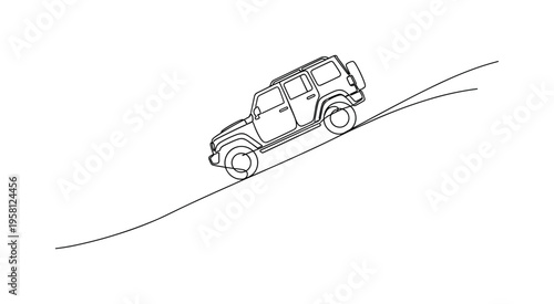 Sand Dune Driving. Minimalistic one-line drawing SUV or jeep ascending a steep desert dune, continuous single black line on white background, simple outline