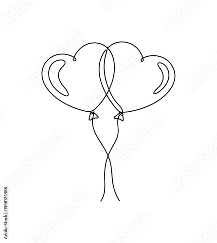 Heart Balloon Pair. Minimalistic one-line drawing two heart-shaped balloons side by side with their strings crossing gracefully, continuous single black line