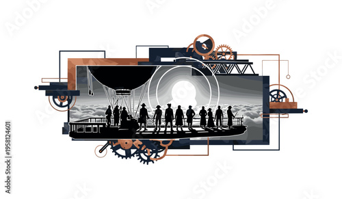 black and white air pirate crew silhouettes standing on an airship platform overlooking clouds, cut-out collage figures with white outline, large circular sun