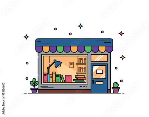 Little bookshop with lights cute bookstore storefront glowing warmly from inside with a few books and a small reading lamp visible through the