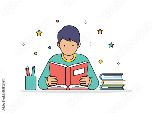 Library study routine a person focused on reading while a notebook and small stack of books suggest organized learning and academic productivity. Minimalist