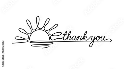 Sunset Rays Spelling Thank You Continuous Single Line Minimalist Daily Gratitude Line Art Illustration