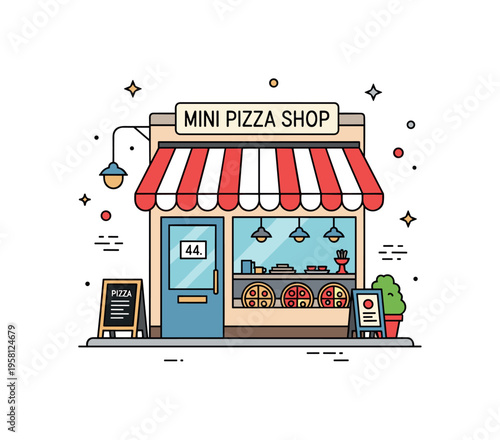 Mini pizza shop storefront charming little pizza shop with a striped awning and a display of colorful pizzas in the window, creating a cozy and inviting street