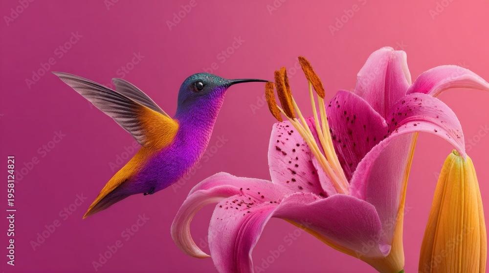 Obraz premium In a soft, pastel setting, a stunning hummingbird flutters near a bright pink lily. Its vivid colors contrast beautifully with the flower’s delicate petals, creating a magical scene.