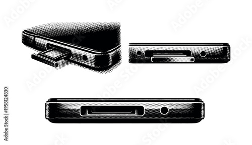 Smartphone SIM tray A smartphone edge detail featuring SIM tray slot and pinhole shown in close-up front, angled, and side views as one object composition.