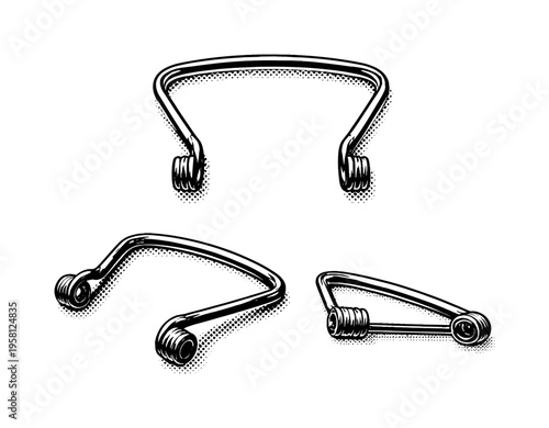 Binder clip wire handle A detached binder clip wire handle with curved metal form and spring geometry shown straight-on, angled, and side profile views as a
