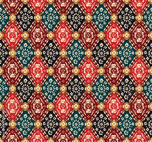 Japanese Flower Motif Diamond Vector Seamless Pattern