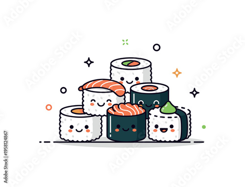 Smiling sushi rolls group of tiny sushi rolls with friendly faces creating a playful and charming food mascot scene. Minimalist flat vector illustration,