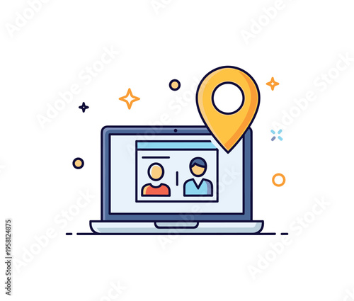 Hybrid conference setup concept featuring a laptop paired with a small location pin icon, symbolizing blended physical and digital participation. The compact