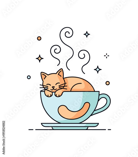Cat in teacup dream peaceful kitten curled inside a teacup while soft rising steam forms gentle swirls above, suggesting warmth, calm, and quiet