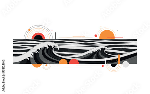 ocean horizon wave landscape with geometric circles abstract shapes and lines, black and white long ocean waves under wide horizon line with layered collage