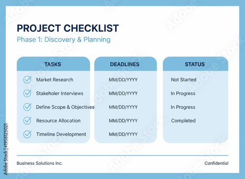 Business project checklist with tasks deadlines and status in progress