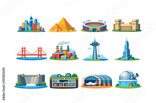 Massive structures. Colorful flat vector icons set of Massive structures: megacity skyline, colossal pyramid, giant stadium, massive fortress wall, suspension