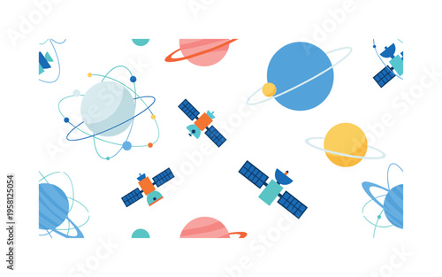 space satellites and planets seamless pattern, repeating pattern, surface design, textile print, soft color palette, modern illustration, flat vector