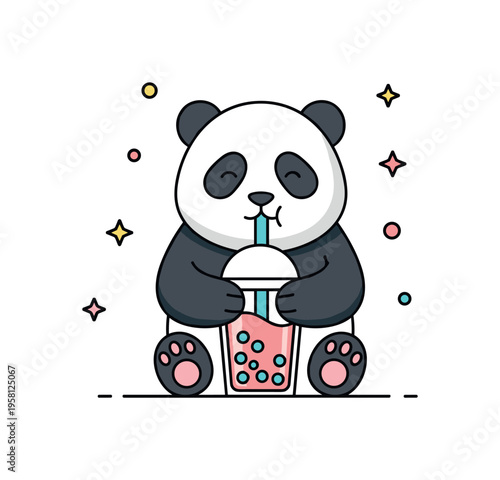 Bubble tea panda scene adorable panda enjoying a cup of bubble tea while holding the drink with both paws and sipping through a straw. Minimalist flat vector