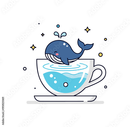 Whale in a teacup scene adorable little whale floating inside a teacup ocean with soft ripples and tiny bubbles around. Minimalist flat vector illustration,