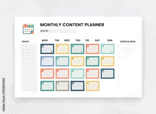 A colorful monthly content planner with a calendar layout and boxes for notes on a white background with a computer screen