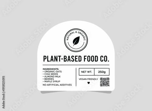A label for plant-based food packaging displays ingredients and nutritional information on a clean design