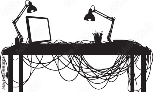 Cluttered workspace with tangled cords and office supplies silhouette