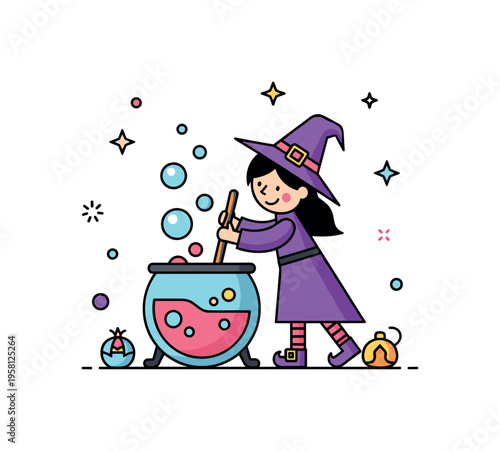 Potion stirring witch scene little witch happily stirring a magical potion in a round cauldron while bubbles float upward creating a playful fantasy moment.