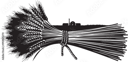 Vintage illustration of a wheat sheaf with sickle attached
