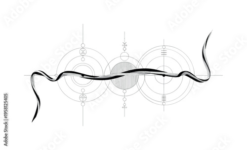 dancing ribbons suspended between circles, geometric circles thin vertical lines and abstract symbols balancing the layout, black and white ribbons stretched